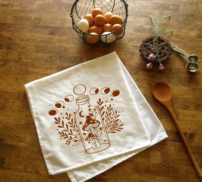 Mushroom Magic Botanical Witchy Moon Phase Kitchen Tea Towel